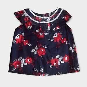 Janie & Jack Baby Navy Floral Top 12–18M – Sleeveless w/ Red Flower Print